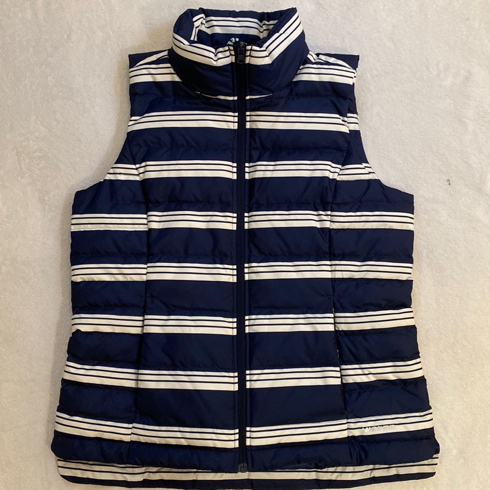 Lands End women’s navy stripe genuine down puffer vest Size S EUC